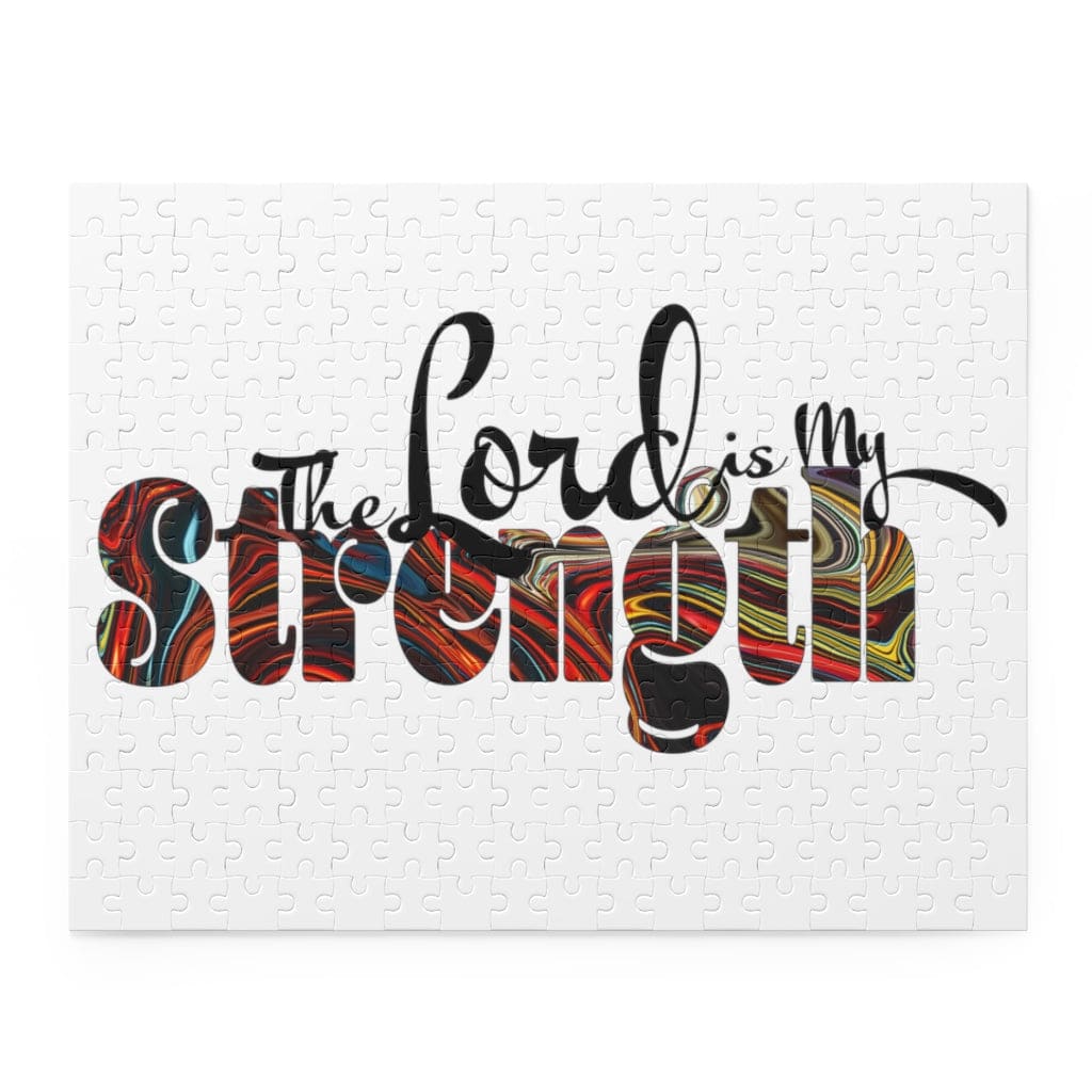 Christian Word Art jigsaw puzzle featuring 'The Lord is My Strength' in vibrant colors, made of high-quality chipboard.